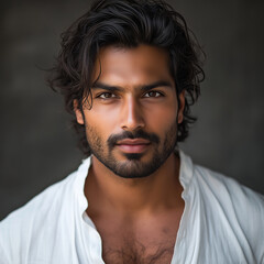 Fototapeta premium Handsome Indian man in a white top, with messy hair and stubble, headshot photography.