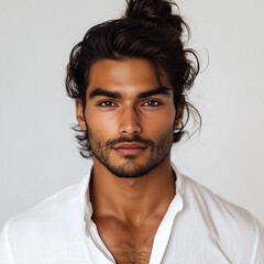 Obraz premium Handsome Indian man in a white top, with messy hair and stubble, headshot photography.