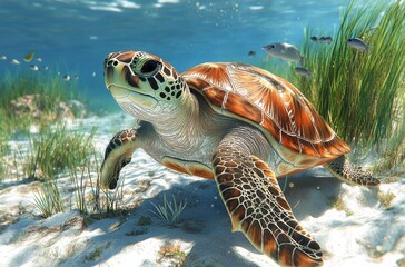 Obraz premium Beautiful sea turtle swimming gracefully through clear turquoise waters, surrounded by vibrant aquatic plants and various tropical fish species in marine environment