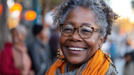 Senior African American woman in a vibrant yellow outfit and glasses smiles joyfully outdoors. Her confident expression radiates happiness, beauty, and a strong connection to culture and identity