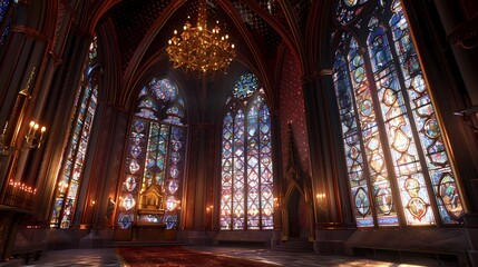 Richly detailed gothic cathedral interior with vibrant stained glass and a hanging chandelier, Paris, illustration, AI generated