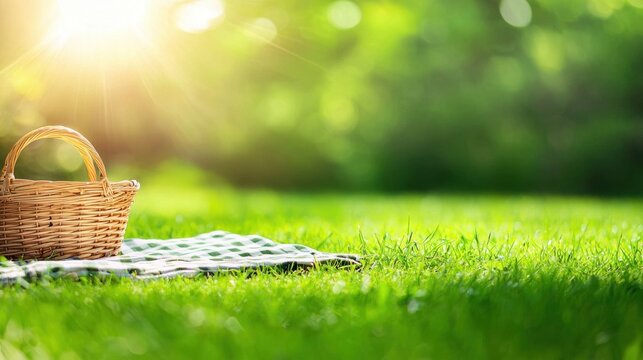 Lush Green Lawn under Bright Sunlight Lush green lawn with a picnic blanket and basket, bright sunlight, ideal for summer or family themed visuals