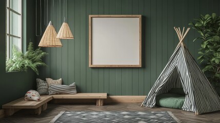 adventure themed children room, hunter green wall color, vertical wooden strip accent wall, natural oak frame mockup, woven bamboo lighting, army pattern play tent, sage green throw pillows, rustic