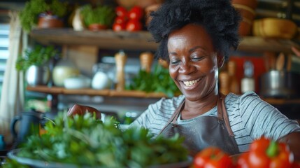 Senior African American woman wearing an apron skillfully prepares ingredients in a welcoming kitchen. confident smiling showcases a passion for cooking, wellness, and traditional home-cook meals