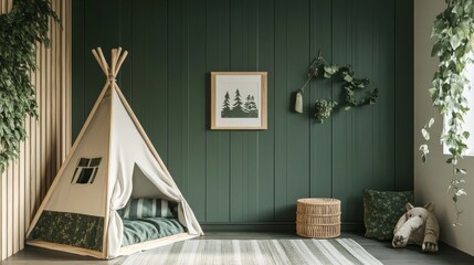 woodland inspired boys room, emerald green painted walls, timber slat wall feature, light wood picture frame, bohemian wicker lamp, camo print teepee hideout, forest green soft furnishings,