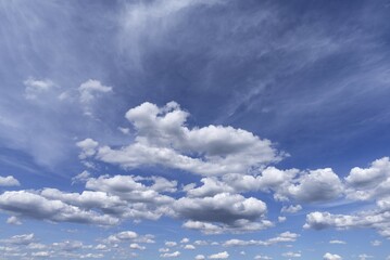 Cumulus humilis clouds (Cumulus humilis) in the blue sky, Bavaria, Germany, Europe