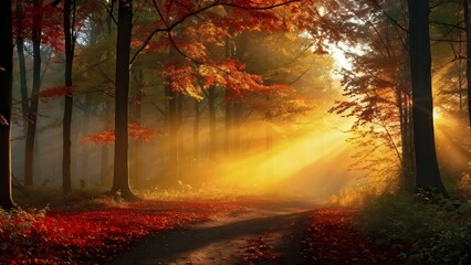 Obraz premium Fog covered forest in autumn with mystic golden sunlight, AI generated