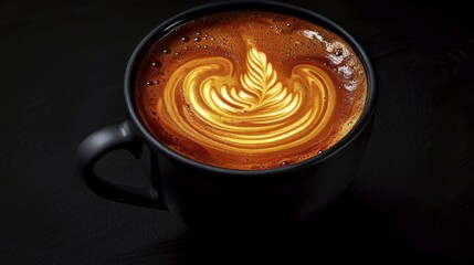 Warm-lit coffee cup with intricate latte art and a dark background, AI generated