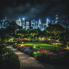 Fototapeta premium A city garden at night with a pathway through illuminated flowers and trees, backdrop of a glowing skyline, AI generated