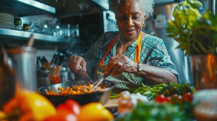 Senior African American woman in a cozy kitchen prepares fresh vegetables with confidence. Her warm expression reflects wisdom, experience, and a love for homemade, nutritious meals