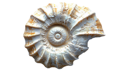 Cream And Brown Spiral Fossil Shell Close Up On Black Background