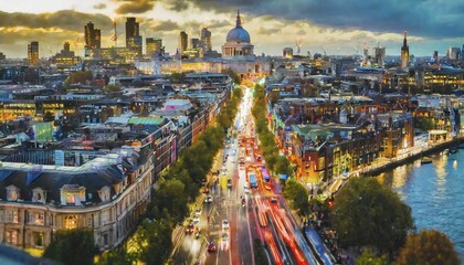 Naklejka premium Twilight aerial view of a crowded city with glowing traffic and urban skyline, rush hour commuting time, sunset, blurry cityscape, bokeh effect, AI generated