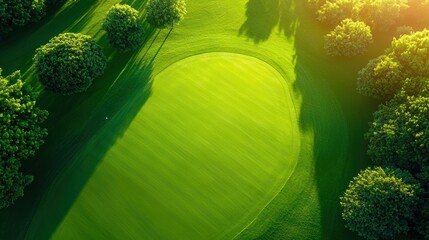 Lush Green Lawn under Bright Sunlight Aerial view of a golf course with lush green fairways, bright sunlight, showcasing the vastness and beauty of the landscape