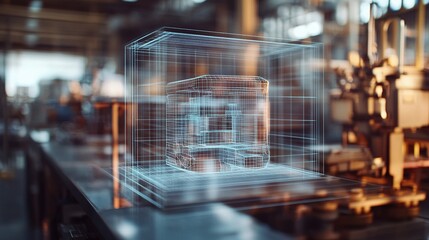 with a blurred background using a holographic wireframe 3D digital projection of a machine, Industrial building. Industrial factory concept with 3d isolated Icons. 