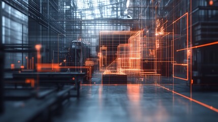 with a blurred background using a holographic wireframe 3D digital projection of a machine, Industrial building. Industrial factory concept with 3d isolated Icons. 