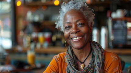 Senior African American woman enjoys a warm and cozy moment at a cafe, radiating happiness and confidence. Her elegant style and joyful expression reflect wisdom, beauty, and self-care