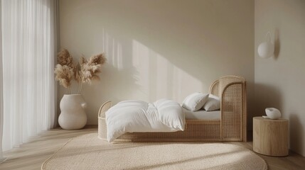 minimalist organic kids interior, soft beige backdrop, natural cane bed construction, cloud white bedding ensemble, wooden round bedside table, dried botanical arrangement, matte white pottery,