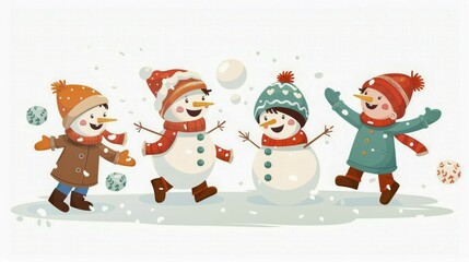 Four playful snowmen with children attire are playing with snowballs, surrounded by falling snowflakes, AI generated