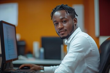 A man with short dreadlocks sits at a desk in an office, smiling while working on a computer. The background is filled with office furniture and equipment.