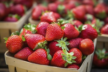 Baskets with fresh strawberry fruits at farmer's market. KI generiert, generiert AI generated