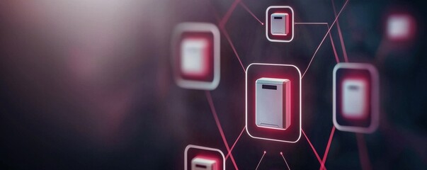 battery storage power management concept. A digital network displaying interconnected data nodes, highlighted in vibrant colors, representing technology and information exchange.