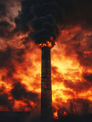 A smokestack emitting fire and smoke against a fiery sky.