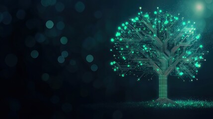 Innovation Tree Growing from Circuit Abstract tree made of glowing green digital circuits, symbolizing the future of green tech