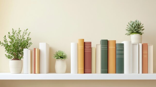 minimalist book mockup composition, pure white hardcover book display, white modern bookshelf backdrop, colorful book spines arrangement, small potted succulent plants, cream ceramic planters,