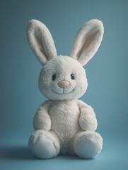 Cute stuffed bunny on a blue background.