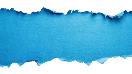 Torn horizontal piece of light blue paper with transparent background revealing checkered pattern. Transparent background