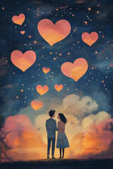 Obraz premium Couple Silhouettes Under Heart Clouds and Starry Night