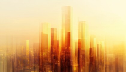Fototapeta premium Golden abstract cityscape with transparent skyscrapers in warm light