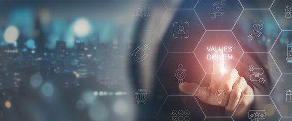 Values Driven Marketing Concept. Marketing strategies with digital icons representing customer centric strategies, ethical practices and business value creation. Sustainable long term success.