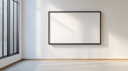 minimalist art presentation, architectural black frame design, professional mat board detail, clean white wall canvas, meticulous hand positioning, modern room setting, considered placement process,