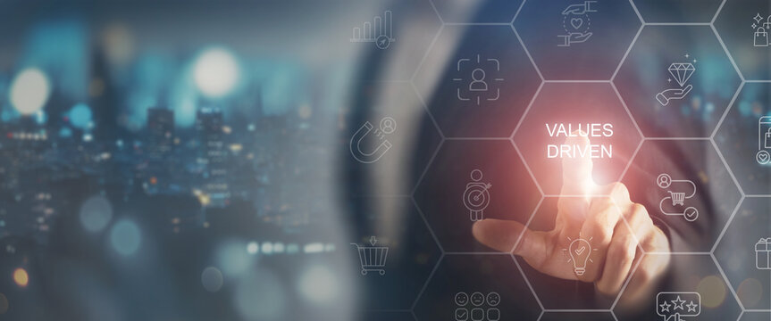 Values Driven Marketing Concept. Marketing strategies with digital icons representing customer centric strategies, ethical practices and business value creation. Sustainable long term success.