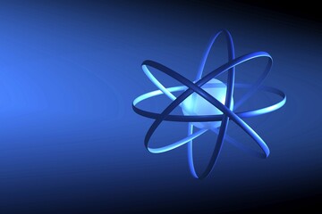 Stylized blue atomic model on dark blue, 3D illustration