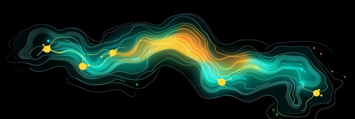 Neon Blue Abstract Line Chart with Fluctuating Trend, Bright Yellow Dots, Tech Background