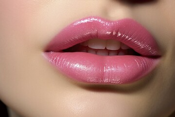 Obraz premium Close up of woman's lips with pink lipstick. KI generiert, generiert AI generated
