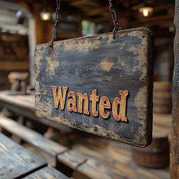 A western, wood vintage sign, reading the text "Wanted", rusty black painted, copy space, old country cowboy bar style background