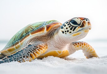 Fototapeta premium Close-Up of Colorful Sea Turtle Crawling on White Sandy Beach with Soft Ocean Waves in Background Under Bright Sunlight
