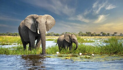 Fototapeta premium AI generated, animal, animals, mammal, mammals, biotope, habitat, two, drinking water at the river, a young animal, foraging, wildlife, Africa, african elephant (Loxodonta africana), water lilies