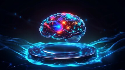 A polished AI brain motif with vibrant neural highlights, floating above a glossy circular platform surrounded by glowing blue energy waves.