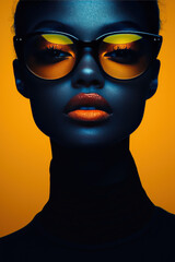 Female face in black where orange sunglasses and two-tone red lipstick stand out, makeup, on a pumpkin yellow background, vertical black space stands out
