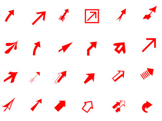 A collection of red arrows pointing in different directions. Some arrows are pointing up, some are pointing down, and some are pointing left or right