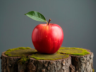 A delicious red apple on tree trunks with moss and gray background