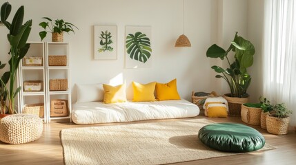 contemporary natural playspace, white modern couch design, pristine wall backdrop, organic fiber floor mat, white vertical shelving units, dramatic monstera feature, bright yellow pillow accents,
