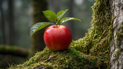 A delicious red apple on tree trunks with moss and gray background