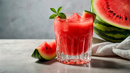 Two glasses of watermelon juice with watermelon pieces and ice on light background