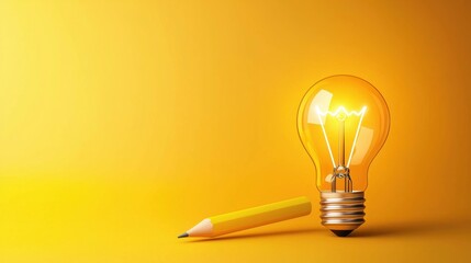 Pencil with Light Bulb Pencil tip touching a glowing light bulb, bright yellow background, represents the spark of creativity and new ideas