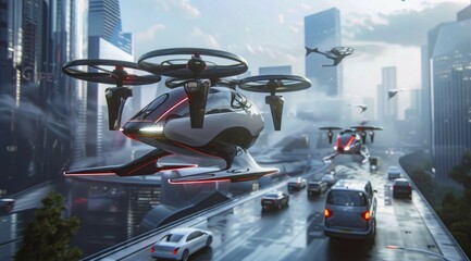 Fototapeta premium Futuristic flying cars and drones hover above a busy cityscape with towering skyscrapers, ai generated, AI generated